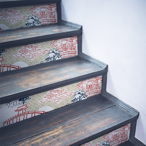 Stickers décoratifs monuments d'Asie collés sur un escalier noir en bois