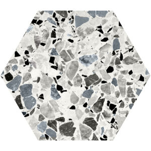 Autocollant carrelage hexagonal terrazzo bleu et gris