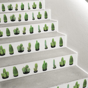 Décorer les escaliers avec un style rafraîchissant apporté par ces contremarches d'escalier blanches et cactus Urban Jungle.