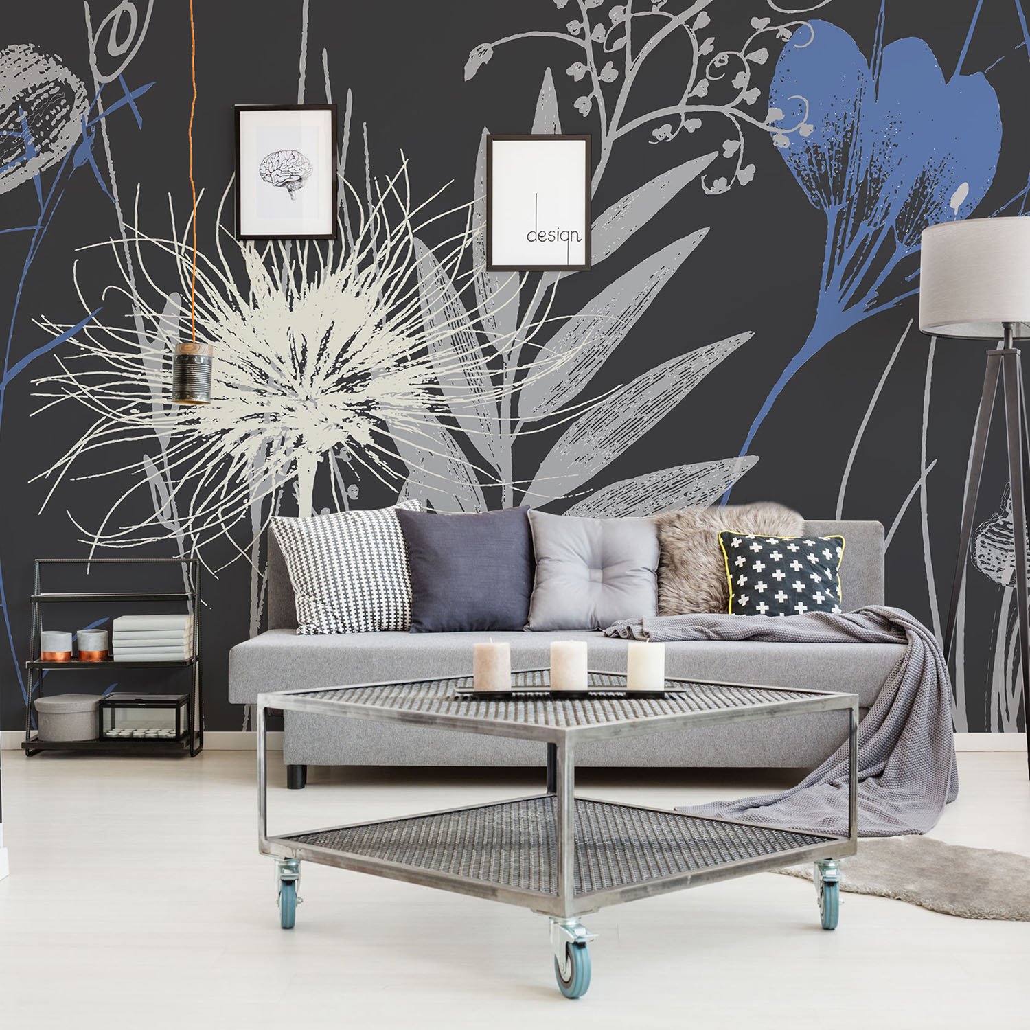 Déco fleurs bleues sur fond gris anthracite