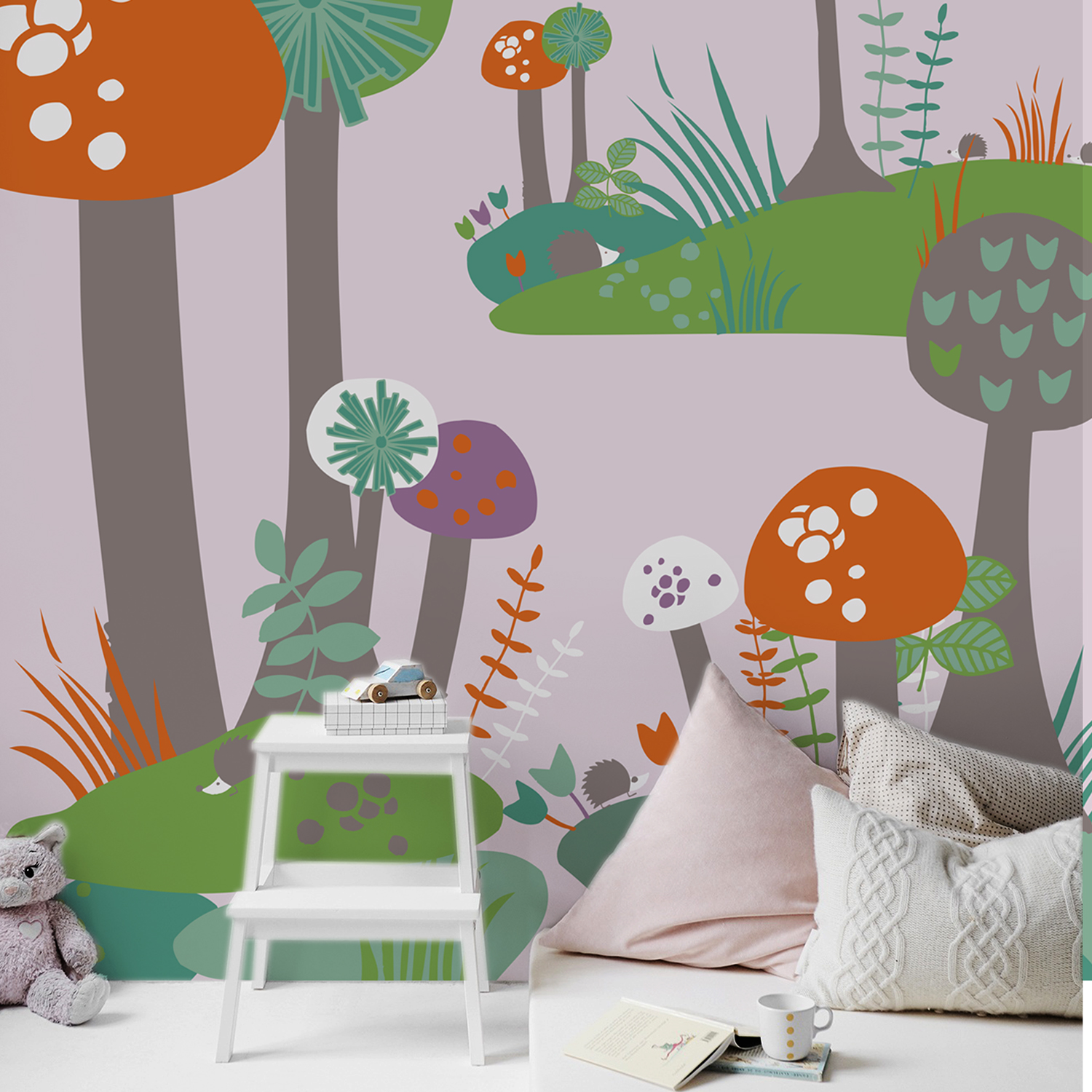 Papier intissé panoramique, 2.50 m x 1.50 m, illustration tendance, coucou le hibou, forêt, design épuré, ambiance tendre et naturelle, idéal chambre d’enfant, customisation simple.