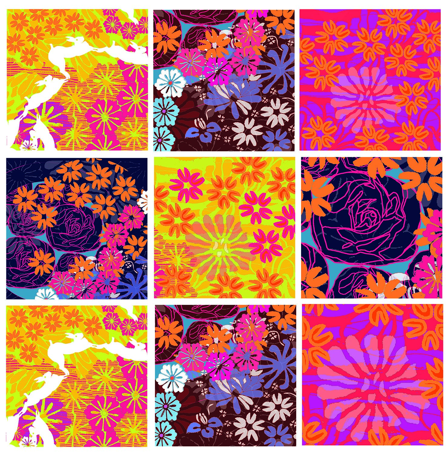 Fleurs adhésives multicolores Carrés déco adhésifs rose et orange floral