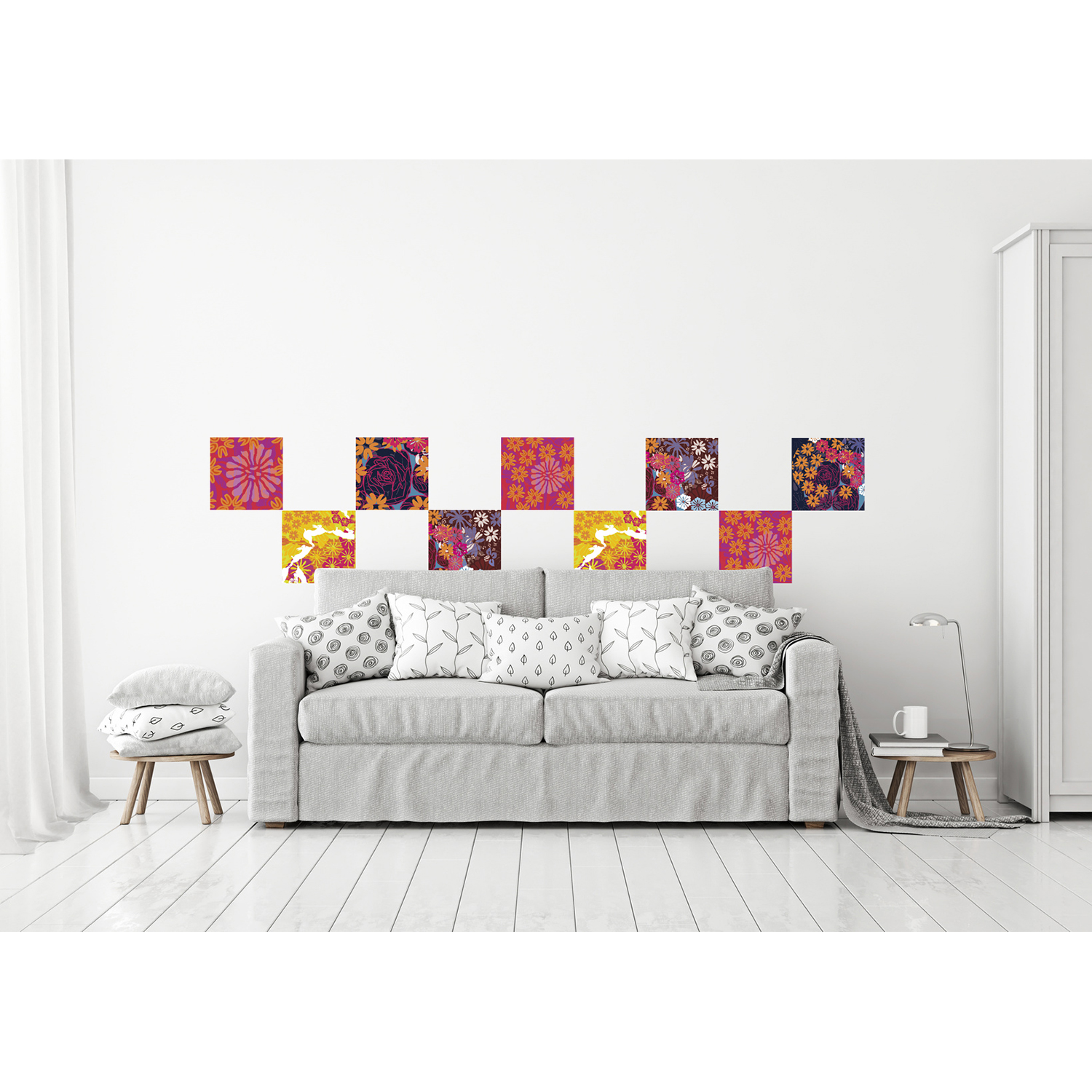 Décoration tendance, dépareillé, motifs fleuris et multicolores, couleurs acidulées, motifs dépareillés, texture tissus Stickers décoratifs en tissus, fleurs aux couleurs acidulées, ambiance pop, repositionnables, motifs différents selon les pièces