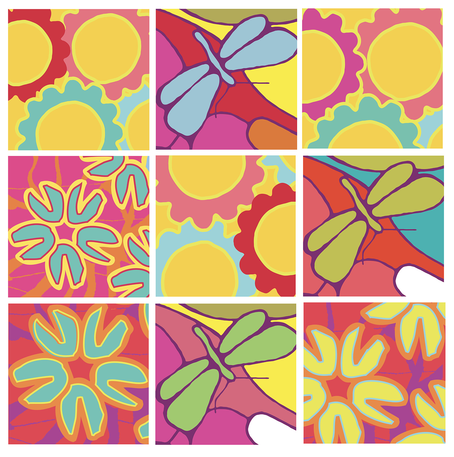 libellules multicolores sticker adhésif carrés fleurs et libellules colorées