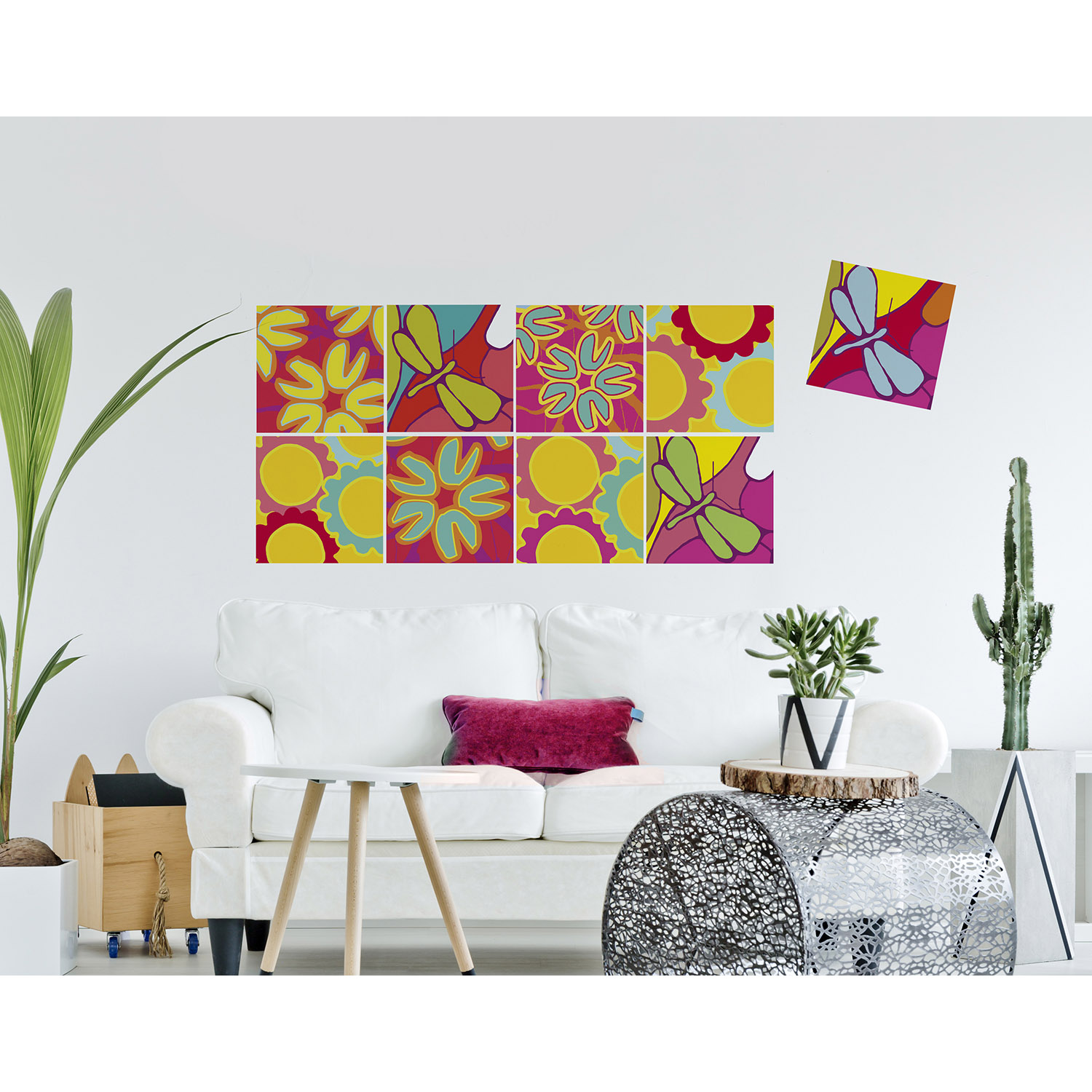 Décoration tendance, libellules, motifs fleuris et multicolores, libellules, couleurs acidulées, texture tissus Stickers décoratifs textiles, fleurs et libellules aux couleurs acidulées, ambiance pop printemps, repositionnables