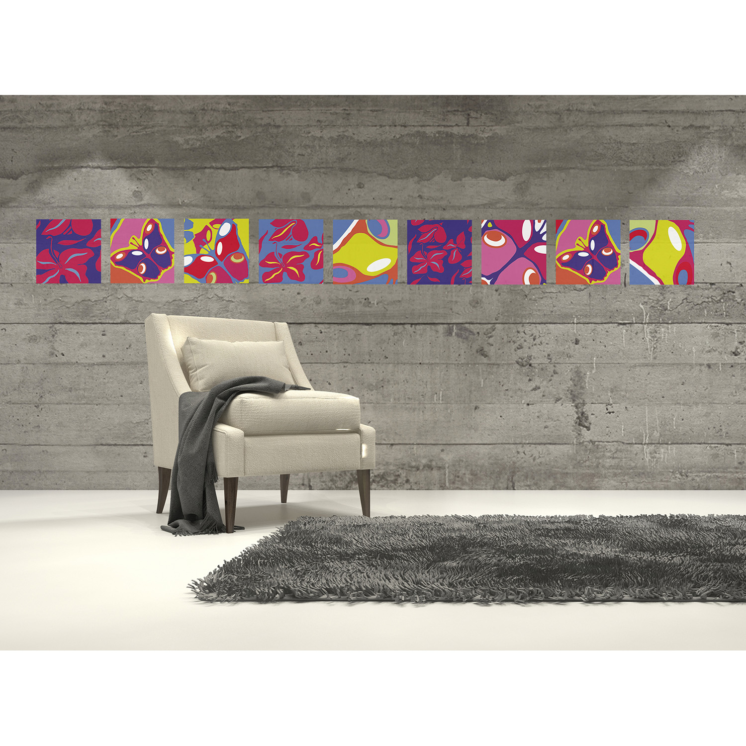Décoration tendance, papillons, fleurs, bleu, rose jaune fluo, couleurs dynamiques, texture tissus Stickers décoratifs textiles, fleurs et papillons aux couleurs acidulées, ambiance printemps, repositionnables, bleu, jaune fluo et rose