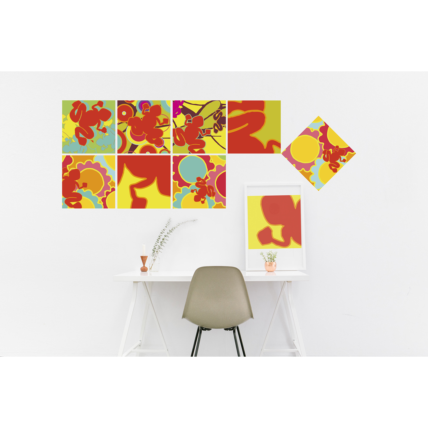 Décoration tendance, grenouilles, fleurs, orange, vert, jaune citron et bleu turquoise, couleurs dynamiques, texture tissus Stickers décoratifs textiles, grenouilles aux couleurs acidulées, ambiance pop nature, repositionnables, bleu, orange, jaune et vert