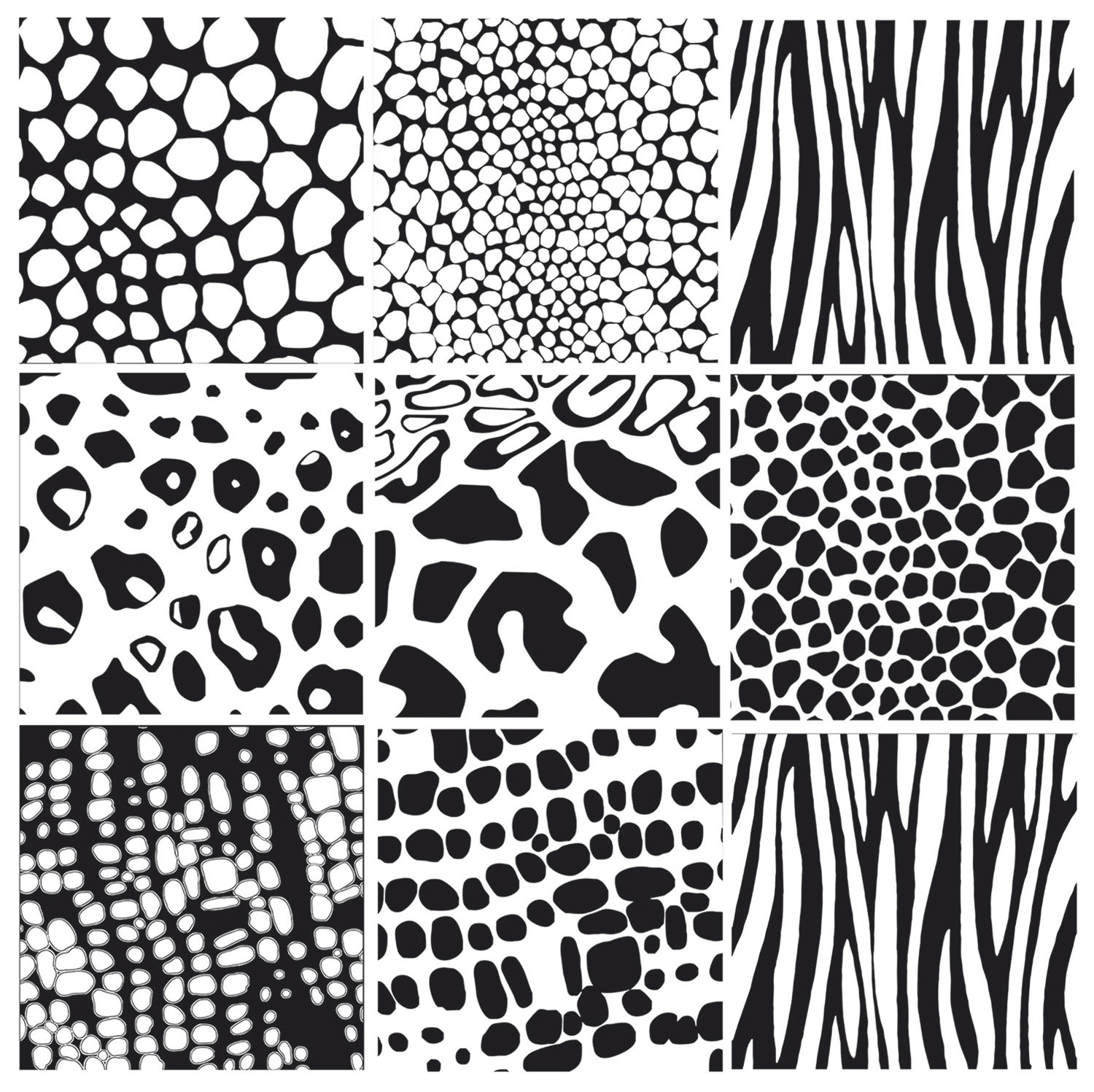 9 carrés peaux d'animaux noir et blanc stickers black and white zèbre