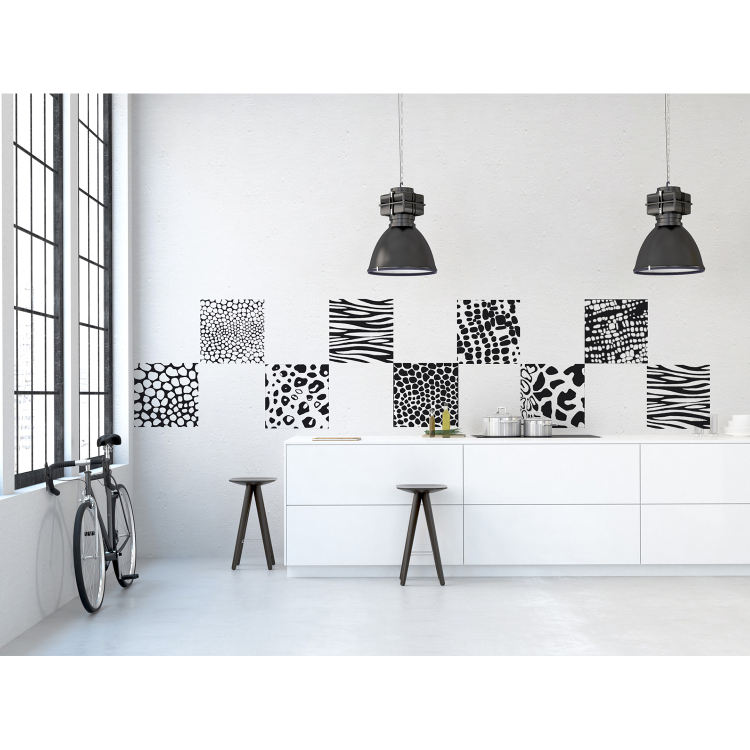 Décoration tendance, noir et blanc, motifs inspirés d’animaux, dépareillé, texture tissus, repositionnables, déplaçables Stickers décoratifs en tissus, black and white, ambiance design, repositionnables, motifs animaux, moderne, noir et blanc