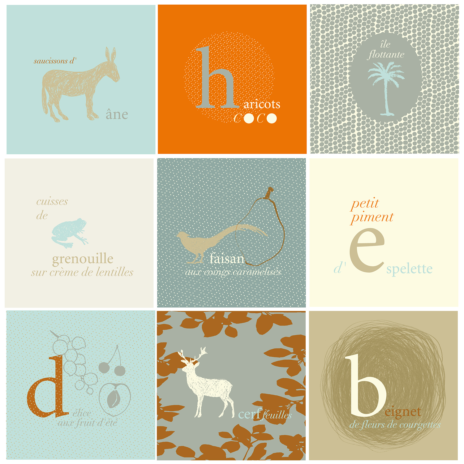 stickers adhésifs 9 carrés poème culinaire carrés autocollants gris animaux