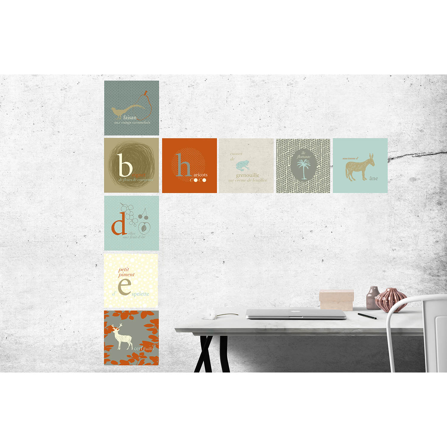 Décoration tendance, dépareillé, scandinave, bleu, gris et orange, poème culinaire, texture tissus Stickers décoratifs textiles, jeux de mots, scandinave, motifs dépareillés, repositionnables, bleu, gris et orange