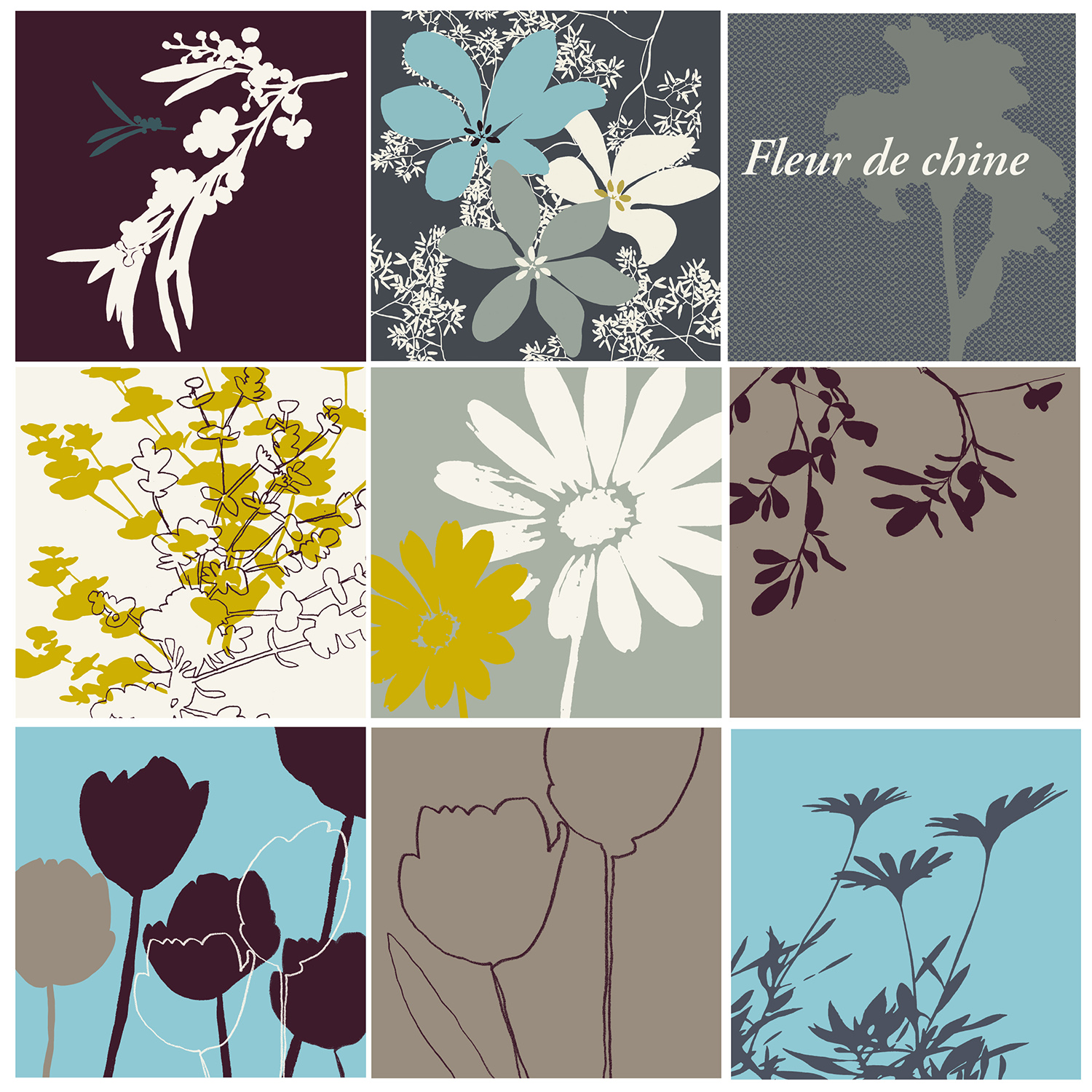 stickers carrés adhésifs fleurs de chine autocollant carrés déco fleurs gris taupe