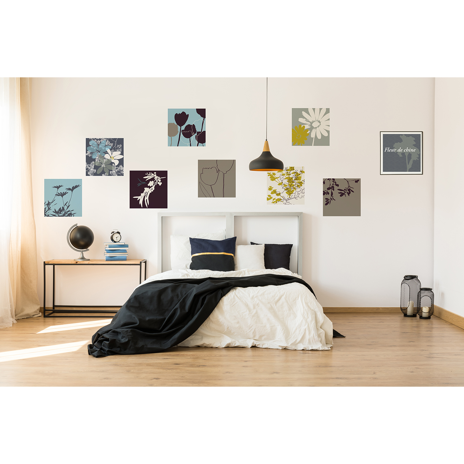 Décoration tendance, dépareillé, champêtre, bleu ciel, vert, noir et gris, tulipe, marguerite, texture tissus Stickers décoratifs textiles, mélange osé de couleurs tendances, motifs champêtres dépareillés, repositionnables, bleu ciel, vert, noir et gris