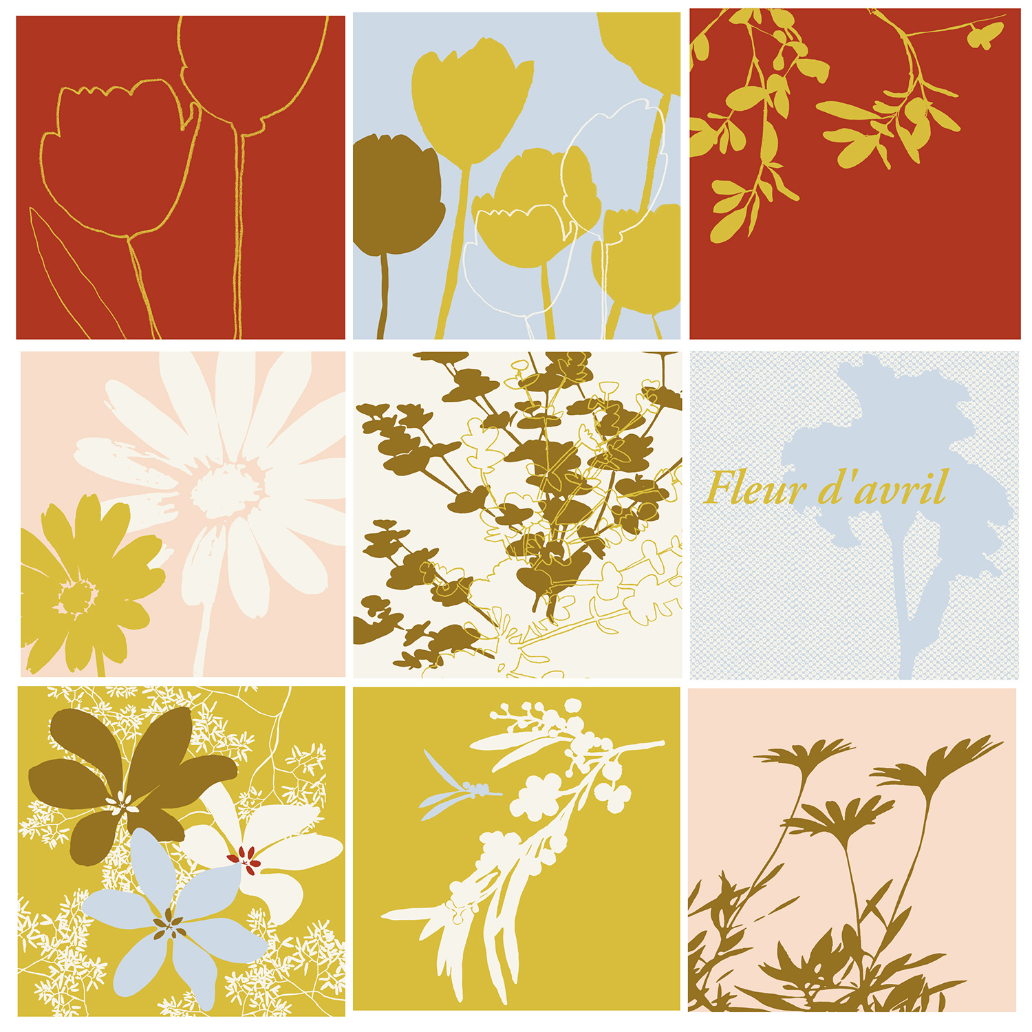 carrés déco adhésifs fleurs d'avril 9 carrés stickers fleurs teintes vertes et ocre
