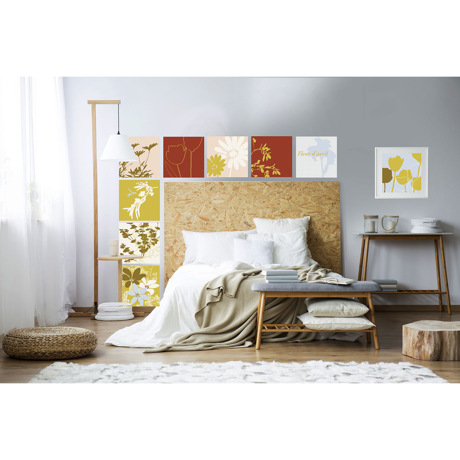 Décoration tendance, stickers tissus, végétation, vert kaki, jaune, orange brique, cocoon végétal, nature Stickers décoratifs textiles, teintes automnales pour illustrations estivales, repositionnables, terracotta, vert et jaune