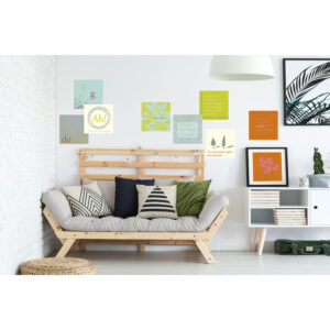 Stickers décoratifs textiles, minimaliste, scandinave, motifs aux couleurs tendres, repositionnables, bleu, gris et vert, pastel