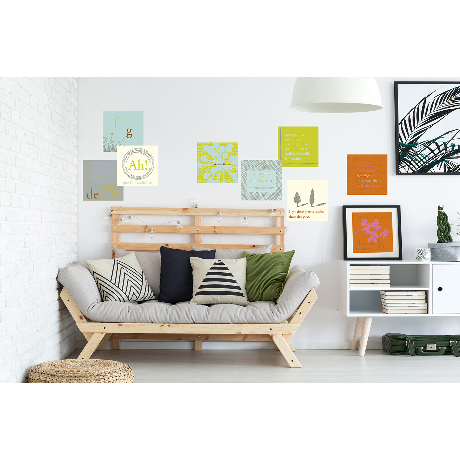 Décoration tendance, stickers repositionnables, zen, bleu, gris et vert, ambiance bucolique, intérieur minimaliste Stickers décoratifs textiles, minimaliste, scandinave, motifs aux couleurs tendres, repositionnables, bleu, gris et vert, pastel