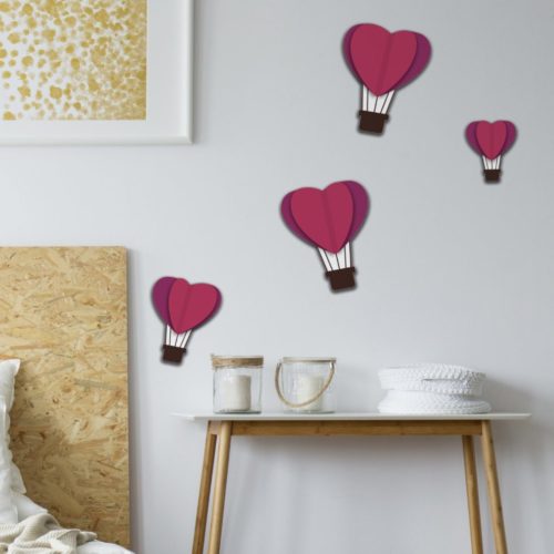 Autocollant décoration 3D montgolfières coeur violet pour mur blanc de chambre à coucher