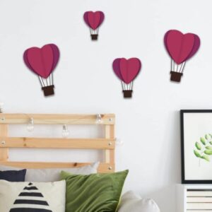 Adhésif décoration montgolfières coeur 3D violet pour mur blanc de chambre d'adulte