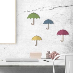 Autocollant décoration 3D parapluies de couleurs pour mur gris au dessus d'un bureau