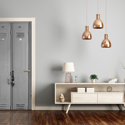 dans une ambiance moderne style ikea Autocollant pour porte Casiers effet trompe l'oeil en gris