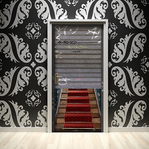 Sticker de porte trompe l'oeil avec tapis rouge