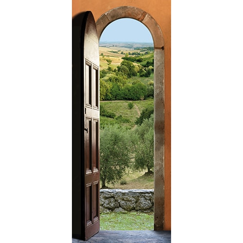 adhésif sticker porte provence chaleur avec une belle porte en bois et un tour de porte en pierre muret en arrière plan