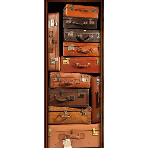 Sticker porte Valises Vintages mis en ambiance Sticker de porte trompe l'oeil Valises Vintages chiner brocante voyage marron cuir