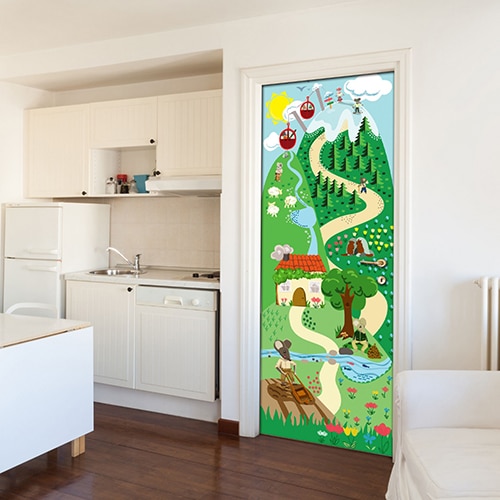 Chambre d'enfants dont la porte est décorée par un sticker autocollant multicolores à pois