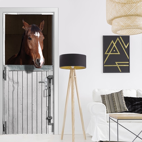 Un sticker pour porte Cheval et Box pour les amoureux des animaux ! mis en ambiance, 2ème proposition Stickers adhésifs porte box blanc et Cheval trompe l'oeil