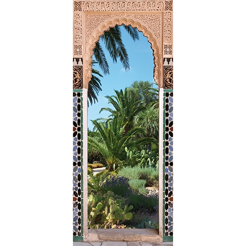 Adhésif autocollant sur jardin arabe style Riad avec palmiers et portes avec motifs des pays orientaux