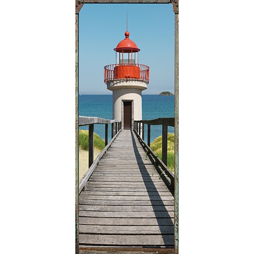 Sticker adhésif porte trompe l'oeil avec vue sur la mer