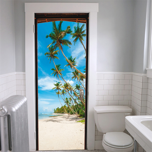 Salon bleu personnalisé par un décor de porte adhésif représentant un motif d'île paradisiaque exotique.