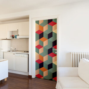 Maison avec une déco originale dont un sticker autocollant cubes 3D multicolores collé sur la porte