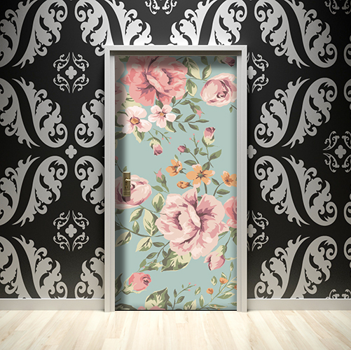 Sticker autocollant fleurs roses pour portes Maison luxueuse avec un sticker adhésif décoratif fleurs roses sur fond vert sur la porte