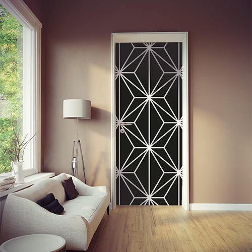 Sticker adhésif moderne motif diamant noir collé sur la porte d'une pièce à vivre moderne