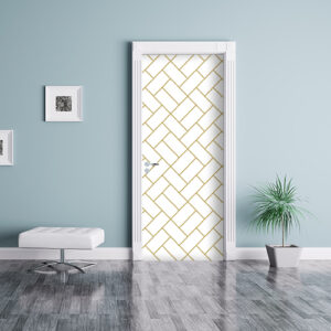 Entrée de maison bleue avec une porte décorée par un sticker adhésif modèle briques blanches et or ou salle d'attente