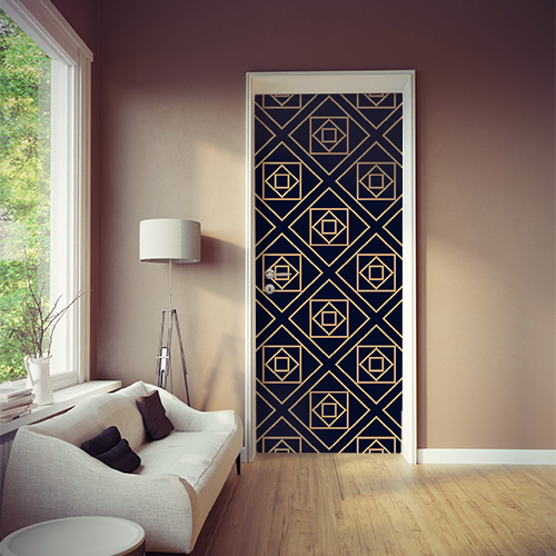 Sticker autocollant décoratif modèle formes géométrique noirs et or collé sur la porte d'une pièce à vivre moderne