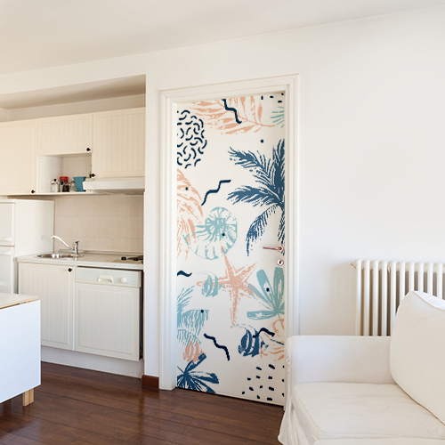 Grand appartement blanc moderne avec un sticker géant plantes marines multi-colores collé sur la porte d'entrée.