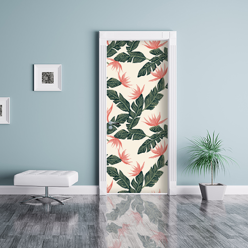 studio avec sticker de porte fleurs roses collé sur la porte comme un papier peint fond bleu égayer une pièce