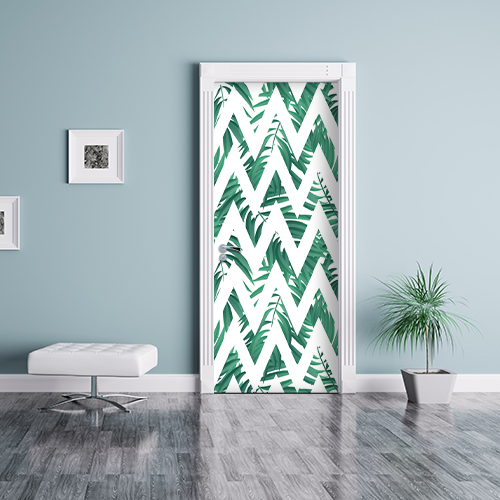 Séjour personnalisé ou salle d'attente avec un décor adhésif autocollant de porte au motif chevrons Urban Jungle vert et blanc.