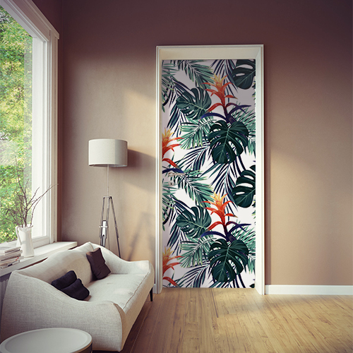 Porte de cuisine personnalisée avec un motif de feuille de monstera et fleurs exotiques.