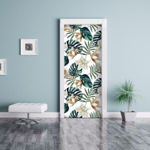 Déco de porte comme un papier peint avec un adhésif déco jungle modèle lotus dans une jolies salle d'attente.