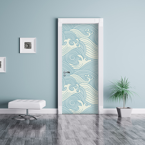 porte d'entrée personnalisée avec un adhésif déco représentant des vagues bleu et blanche japonaise et dessinée en pleine tempête !