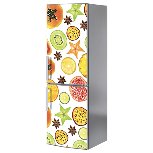 Sticker décoratif autocollant motif FRUITS EXOTIQUES collé sur un grand frigo gris