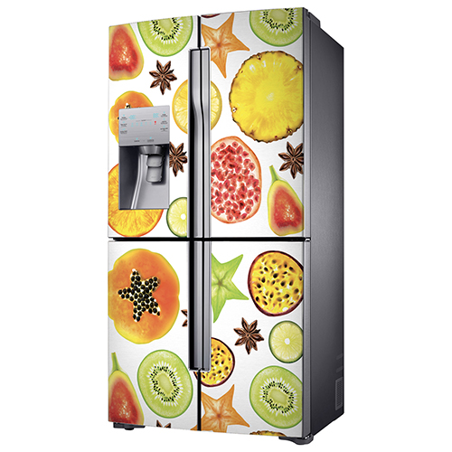 Frigo de grande taille américain avec un sticker autocollant adhésif motif FRUITS EXOTIQUES