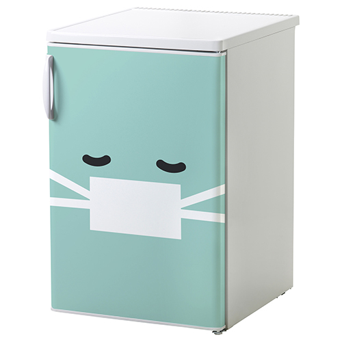 Petit frigo classique blanc orné d'un sticker gamme smiley : Malade turquoise