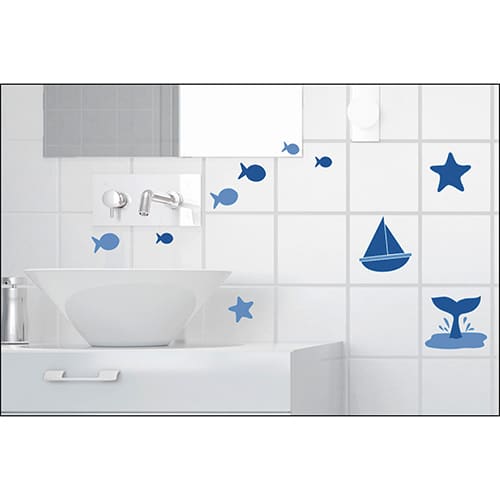 Sticker autocollant ciment bleu motif pour décoration carrelage blanc de salle de bain
