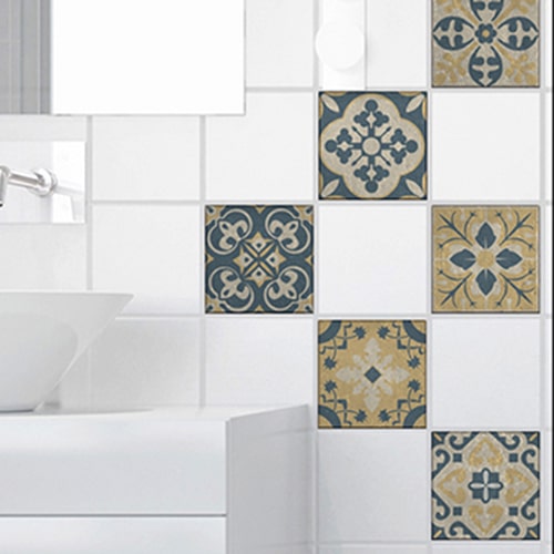 Adhésif sticker décoration carrelage blanc Celletta gris, bleu et jaune pour salle de bain moderne