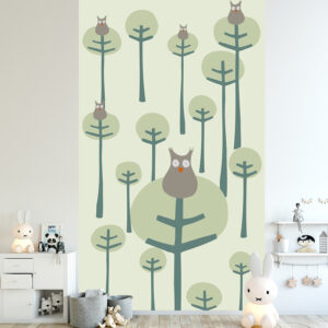 Papier intissé panoramique, 2.50 m x 1.50 m, illustration tendance, coucou le hibou, forêt, design épuré, ambiance tendre et naturelle, idéal chambre d’enfant, customisation simple.